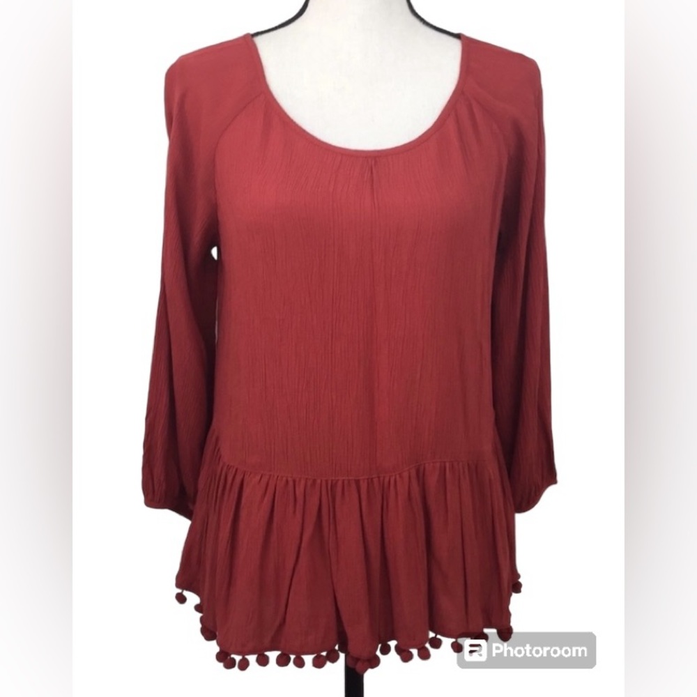 Beachlunchlounge Rust Pompom Peplum Boho Top